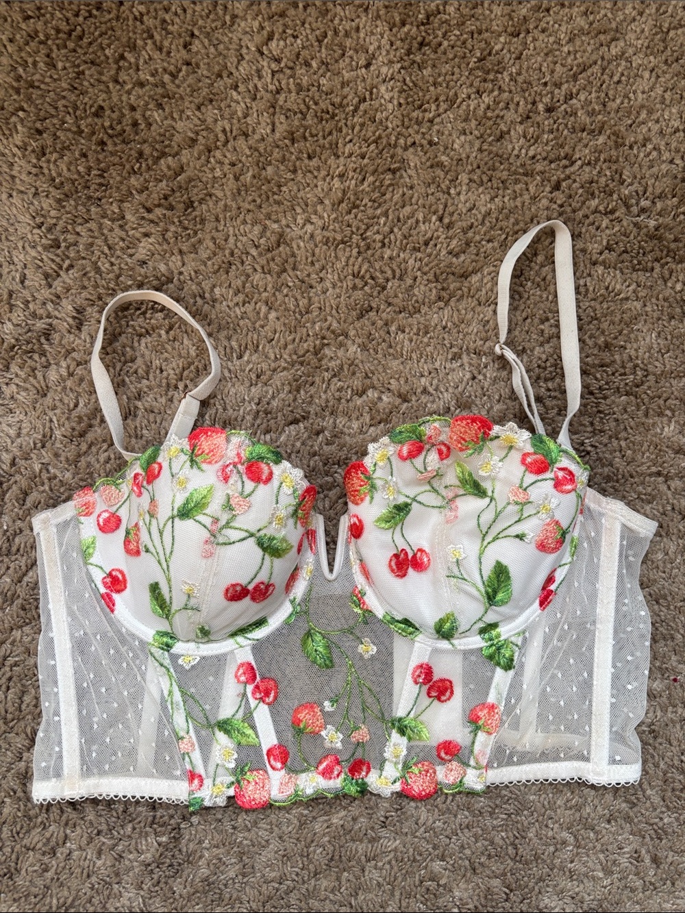 Victoria's Secret White Bra with Red Cherry Embroidery Longline